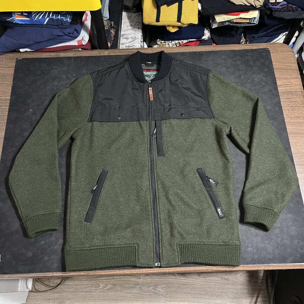Woolrich Bomber Jacket Mens Large Green Wool Tweed Fleece Outdoor Johnson Mills